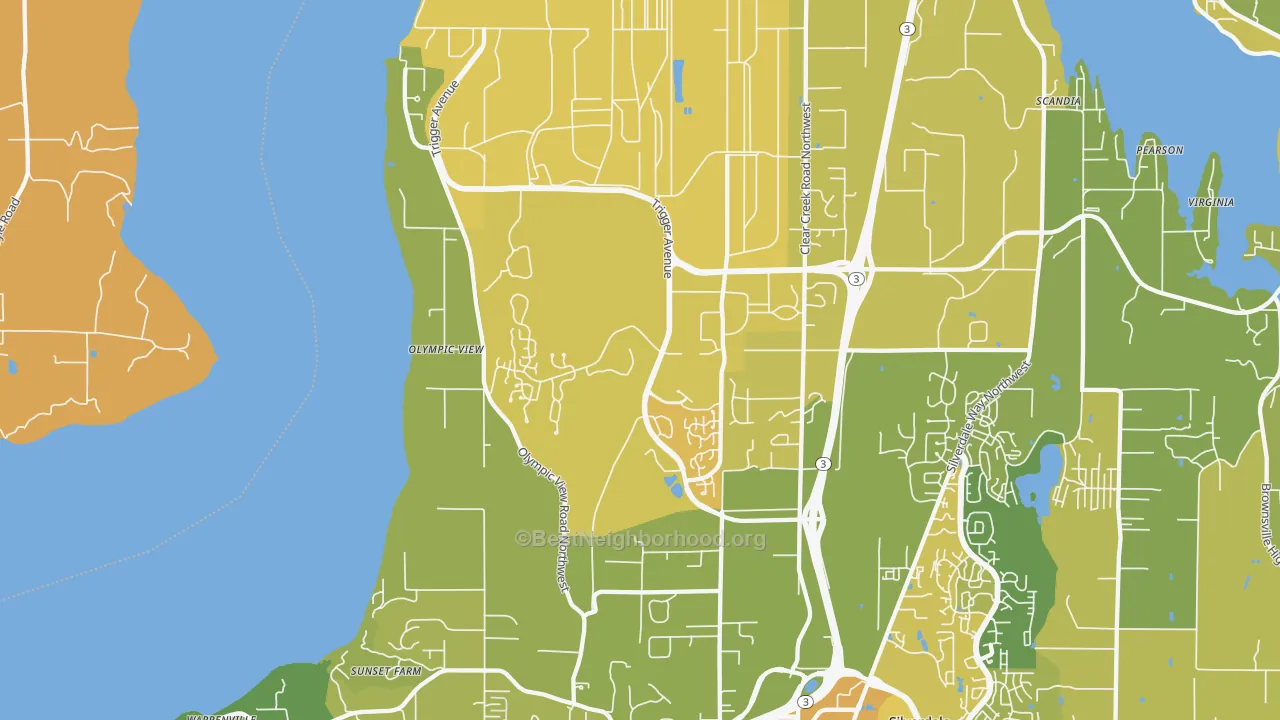 Map of the best neighborhoods in the 98315 area, with better matches in green and worse matches in red