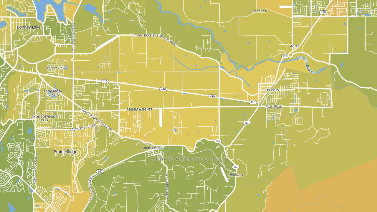 Map of the best neighborhoods in the 98321 area, with better matches in green and worse matches in red
