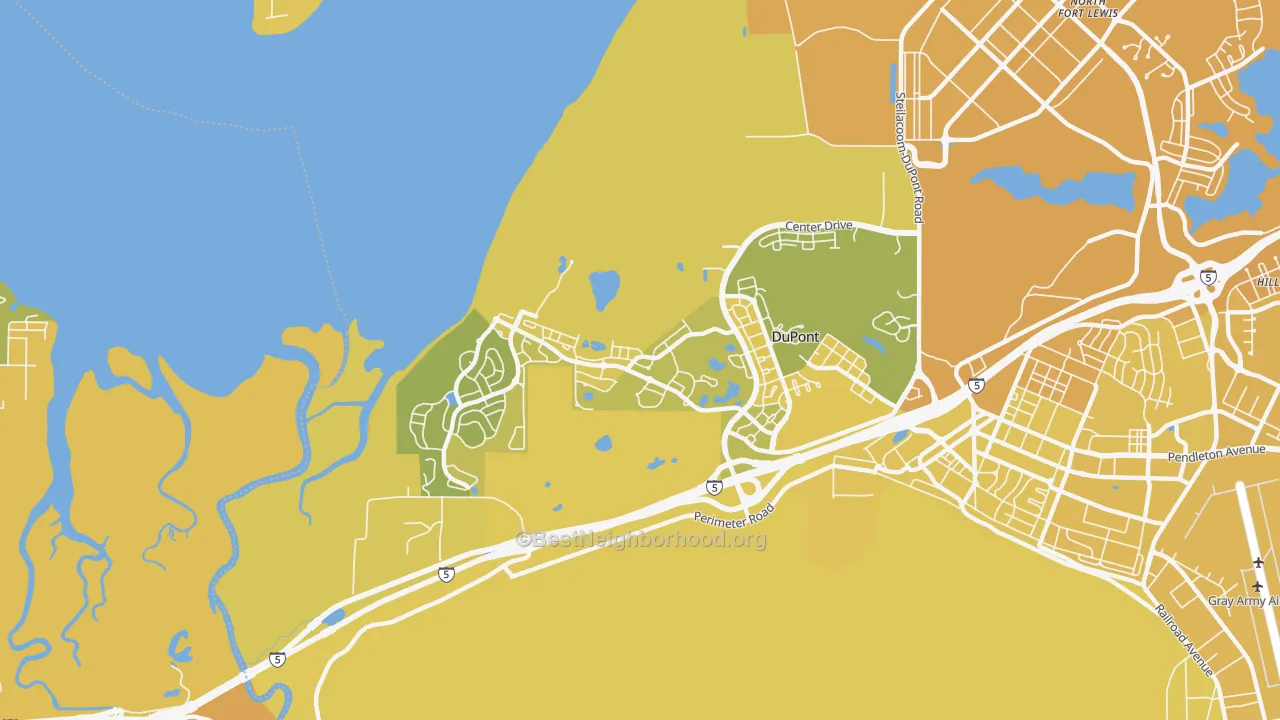 Map of the best neighborhoods in the 98327 area, with better matches in green and worse matches in red