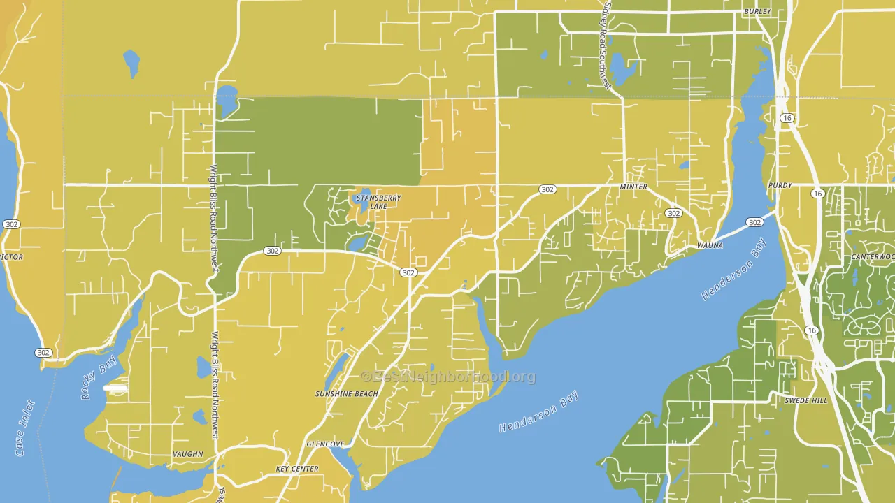 Map of the best neighborhoods in the 98329 area, with better matches in green and worse matches in red