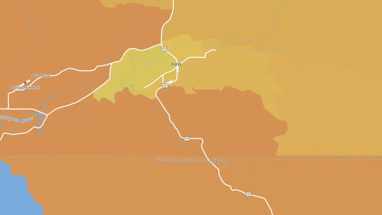 Map of the best neighborhoods in the 98331 area, with better matches in green and worse matches in red