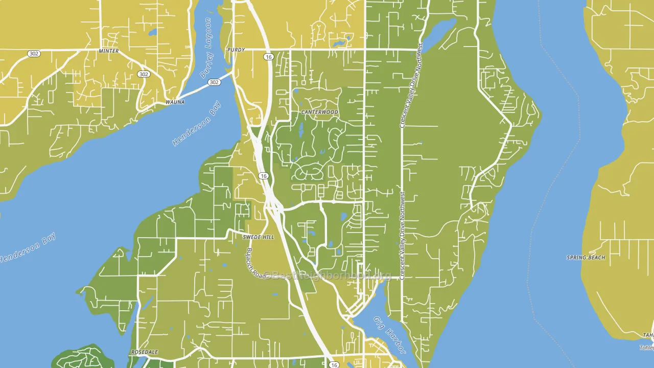Map of the best neighborhoods in the 98332 area, with better matches in green and worse matches in red