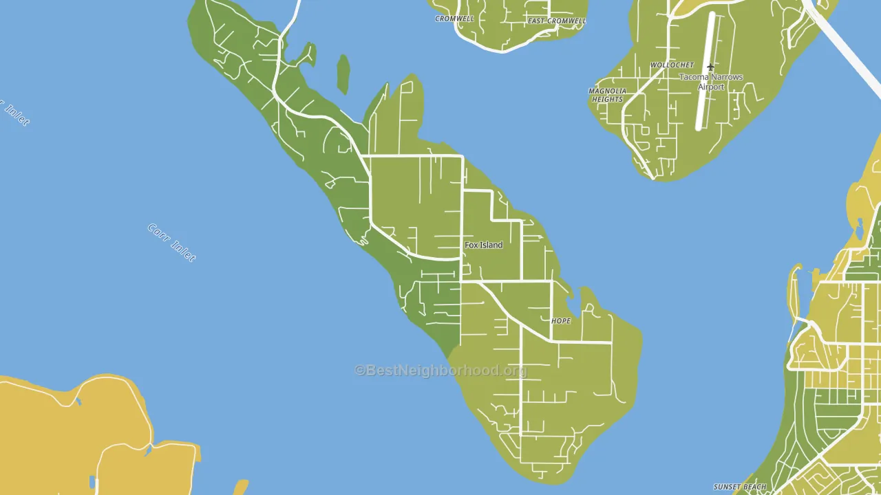Map of the best neighborhoods in the 98333 area, with better matches in green and worse matches in red