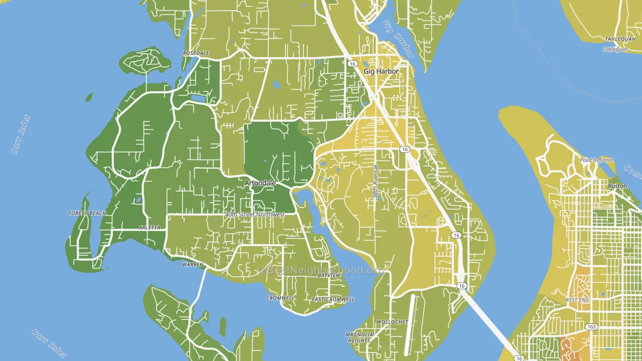 Map of the best neighborhoods in the 98335 area, with better matches in green and worse matches in red