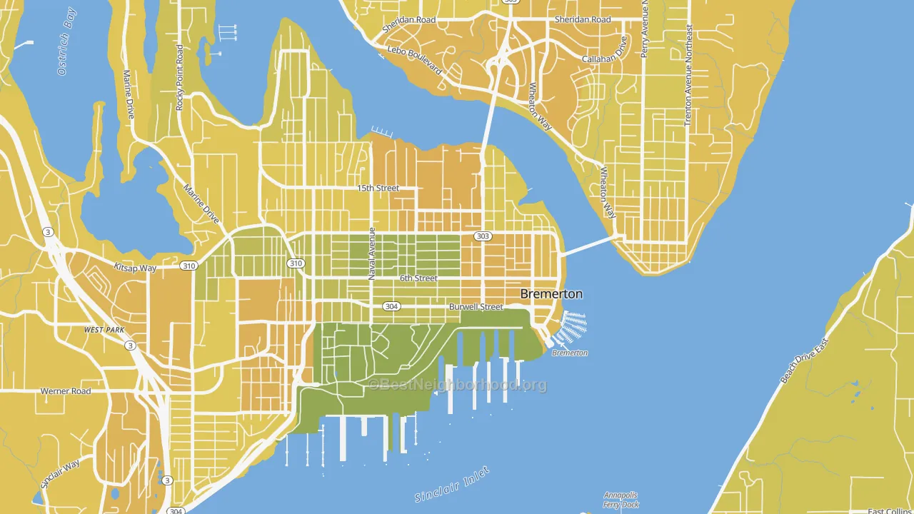 Map of the best neighborhoods in the 98337 area, with better matches in green and worse matches in red