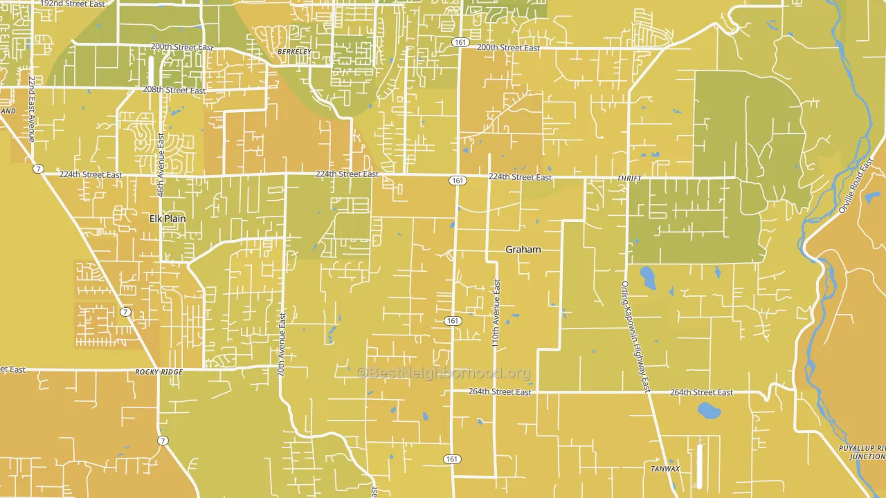 Map of the best neighborhoods in the 98338 area, with better matches in green and worse matches in red