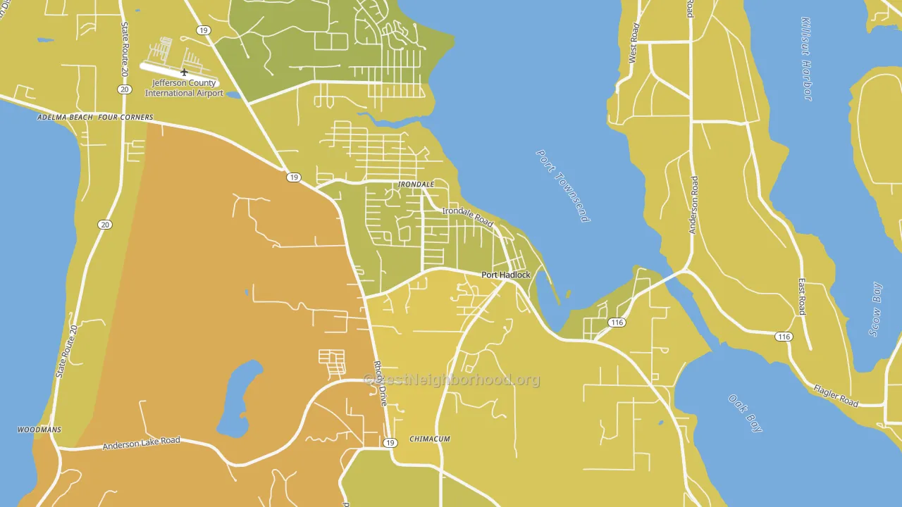 Map of the best neighborhoods in the 98339 area, with better matches in green and worse matches in red