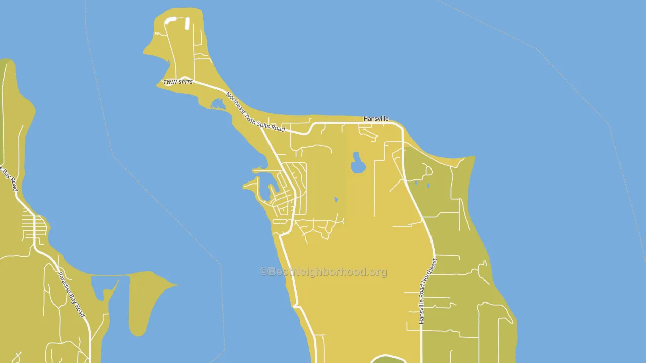 Map of the best neighborhoods in the 98340 area, with better matches in green and worse matches in red