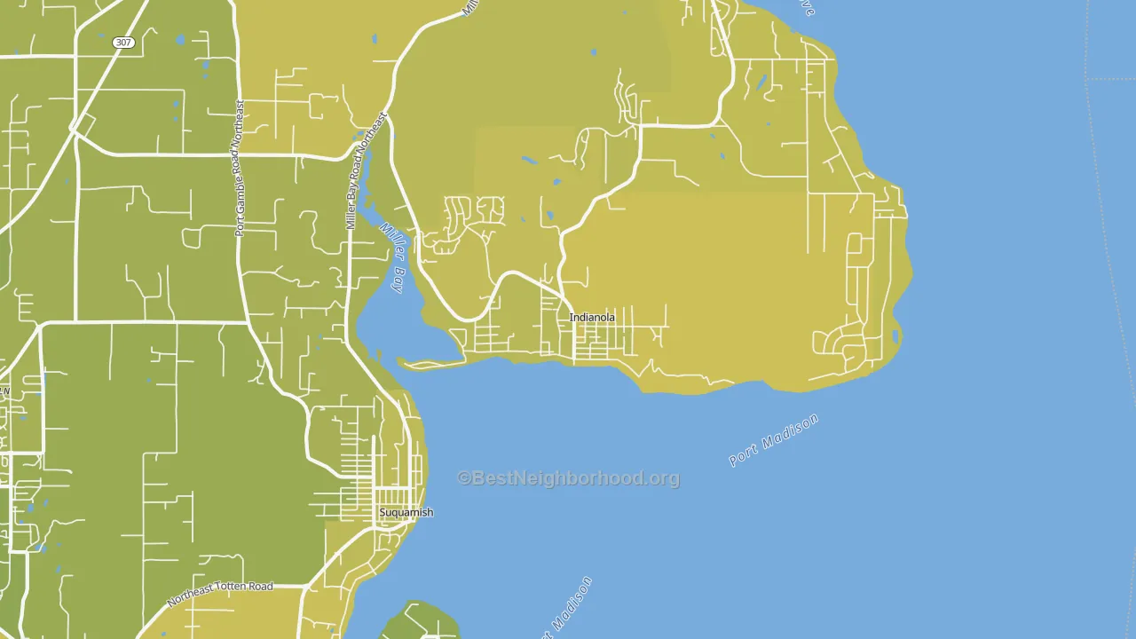 Map of the best neighborhoods in the 98342 area, with better matches in green and worse matches in red