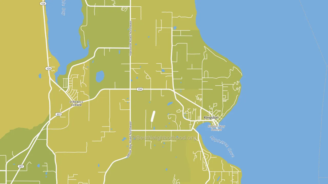 Map of the best neighborhoods in the 98346 area, with better matches in green and worse matches in red
