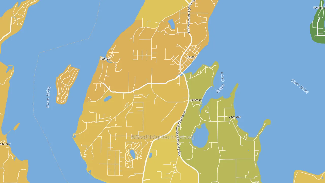 Map of the best neighborhoods in the 98349 area, with better matches in green and worse matches in red