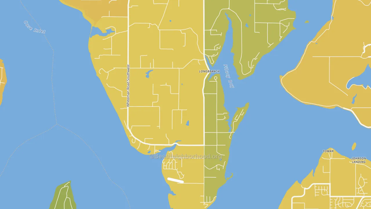 Map of the best neighborhoods in the 98351 area, with better matches in green and worse matches in red