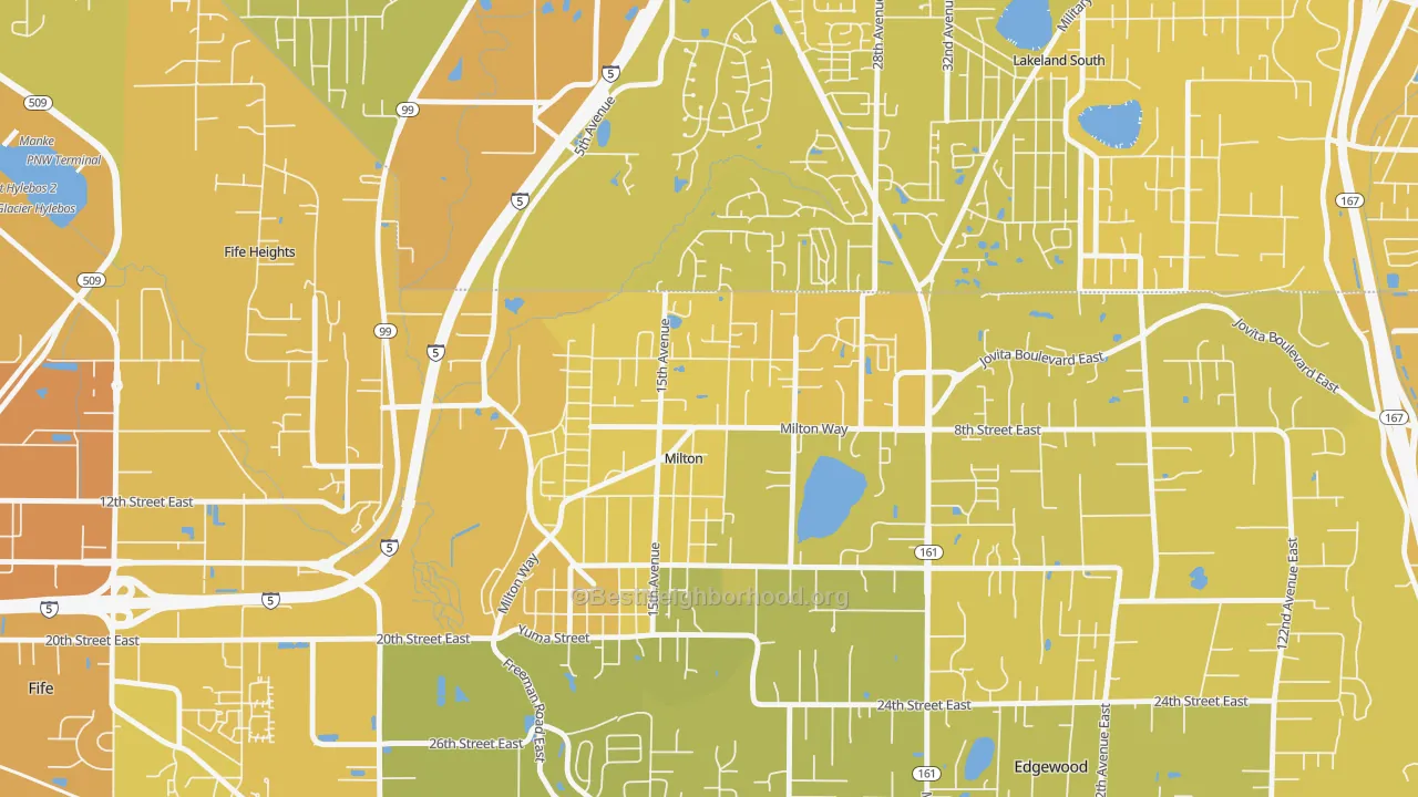 Map of the best neighborhoods in the 98354 area, with better matches in green and worse matches in red