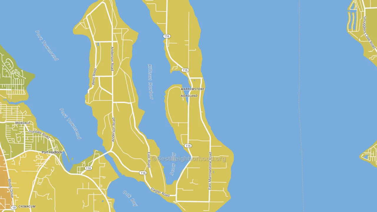 Map of the best neighborhoods in the 98358 area, with better matches in green and worse matches in red