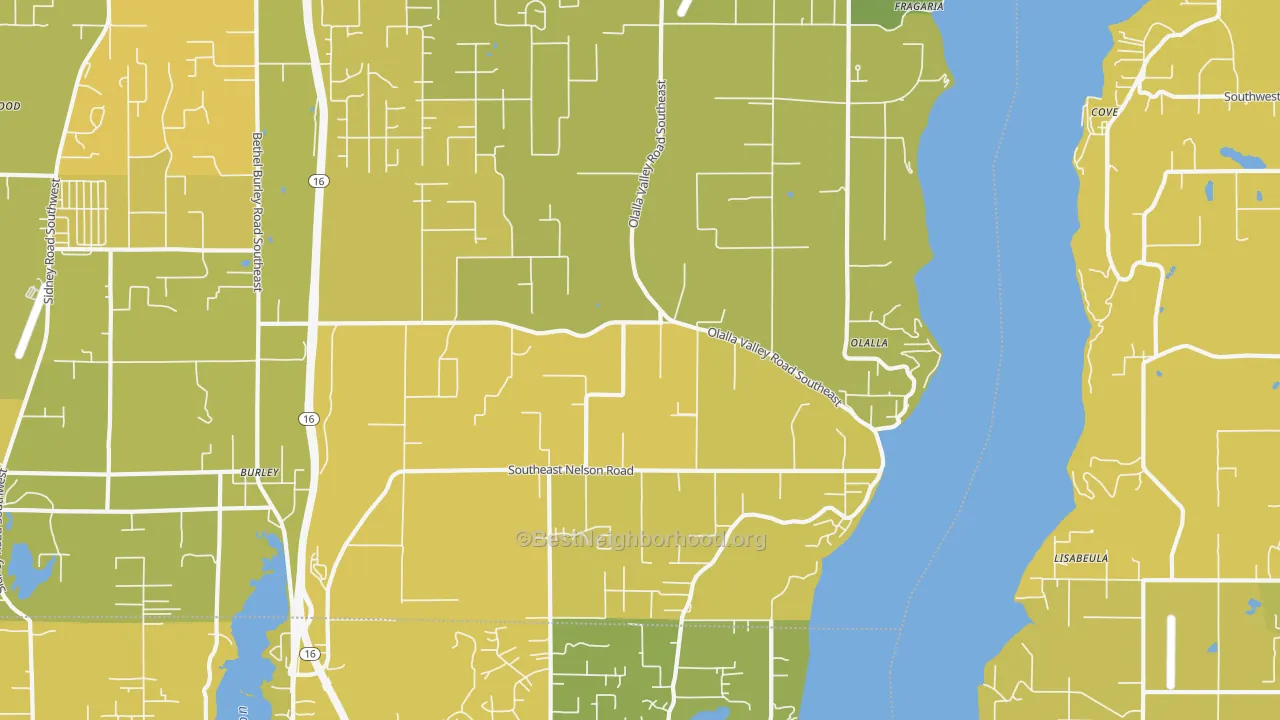 Map of the best neighborhoods in the 98359 area, with better matches in green and worse matches in red