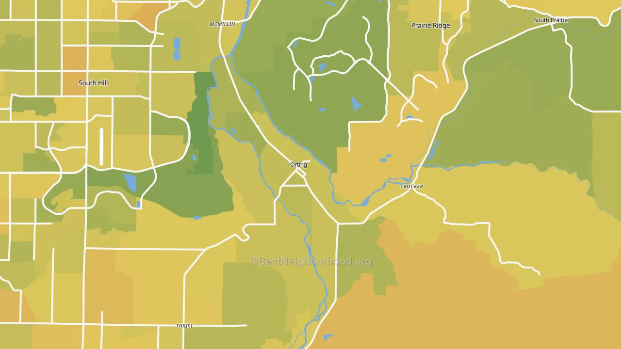 Map of the best neighborhoods in the 98360 area, with better matches in green and worse matches in red