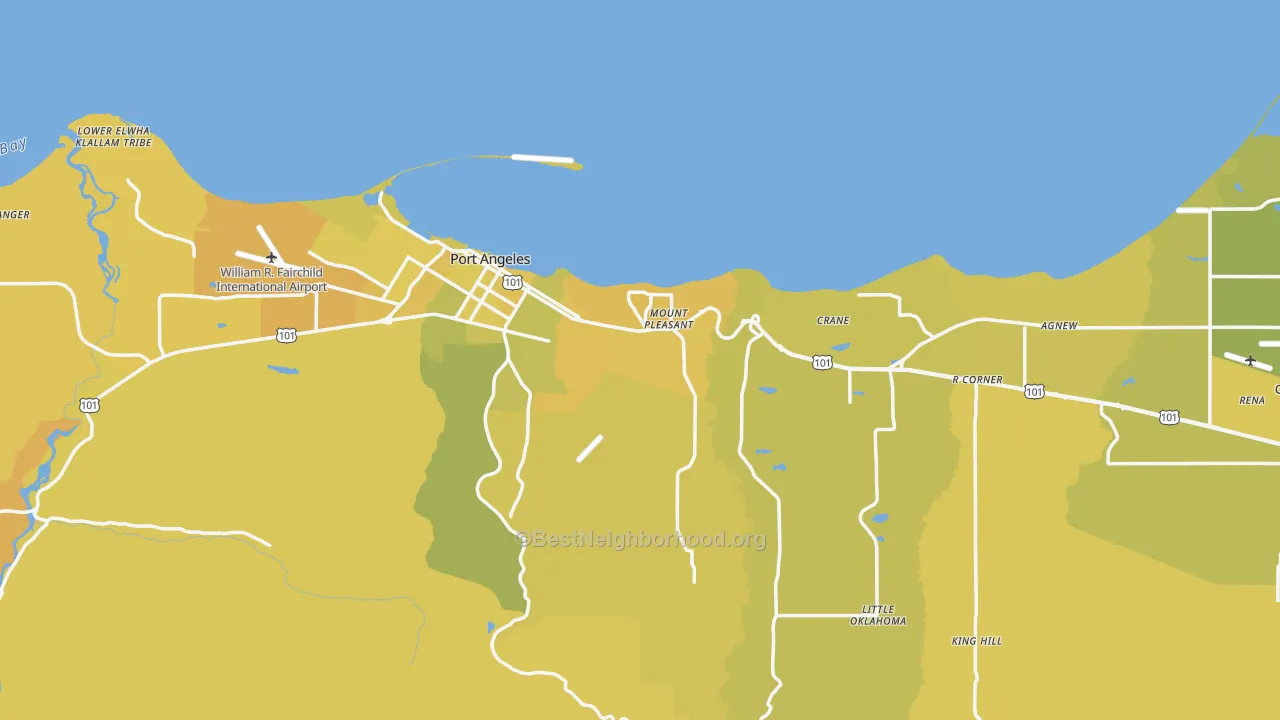 Map of the best neighborhoods in the 98362 area, with better matches in green and worse matches in red