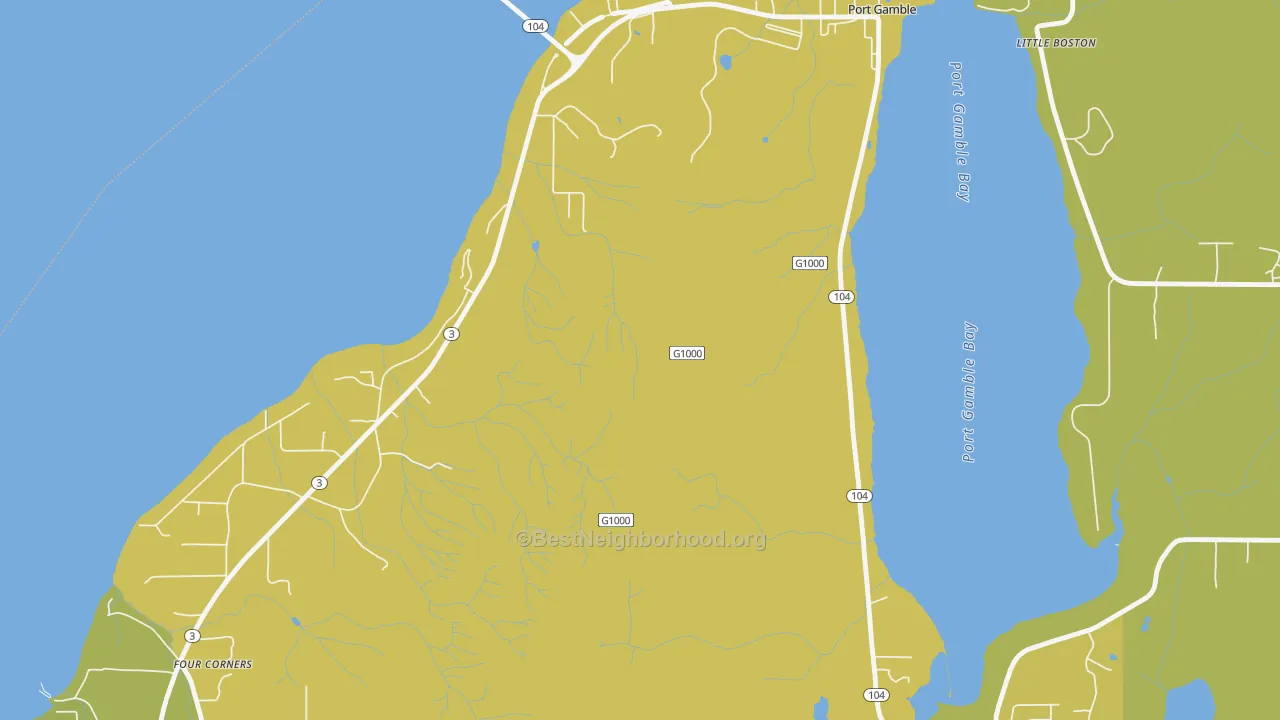 Map of the best neighborhoods in the 98364 area, with better matches in green and worse matches in red