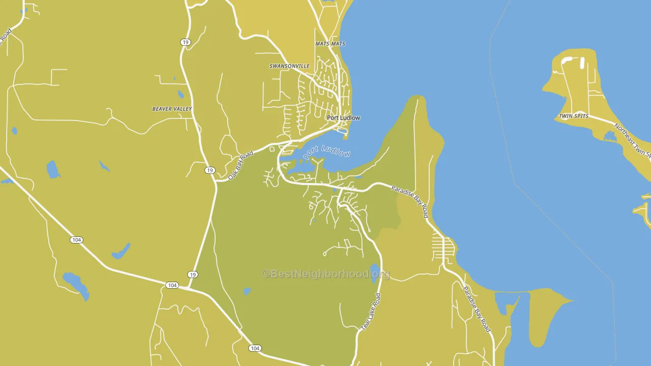 Map of the best neighborhoods in the 98365 area, with better matches in green and worse matches in red