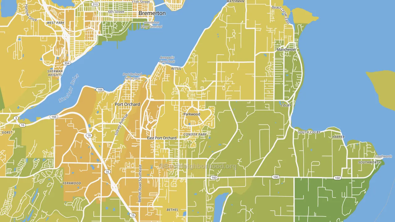 Map of the best neighborhoods in the 98366 area, with better matches in green and worse matches in red
