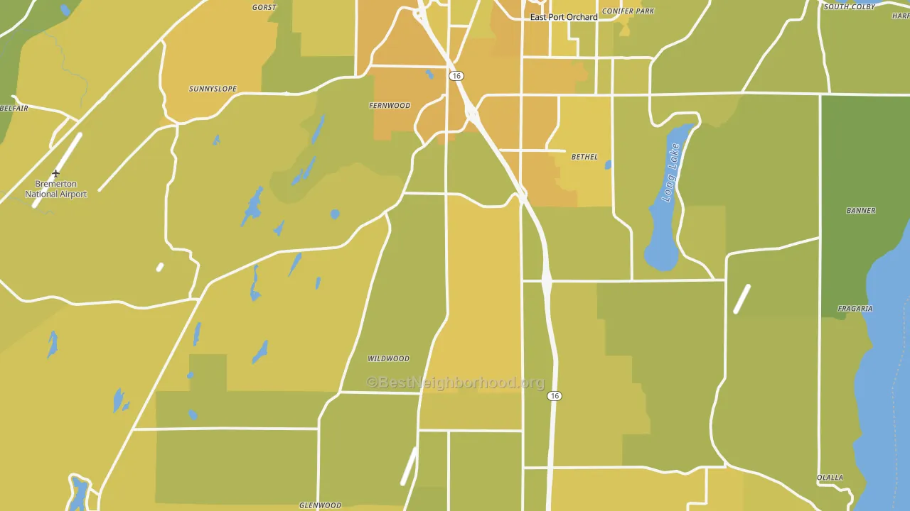 Map of the best neighborhoods in the 98367 area, with better matches in green and worse matches in red