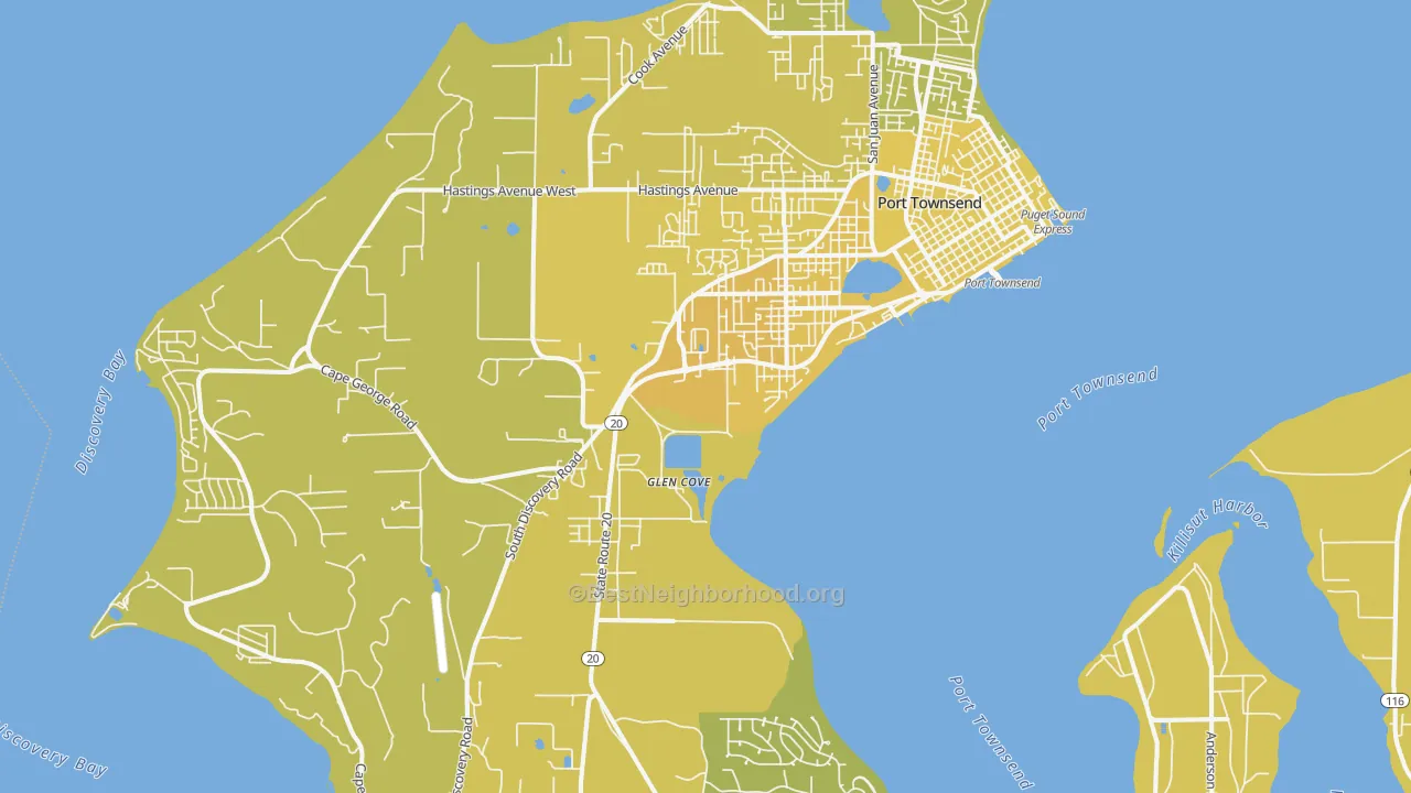 Map of the best neighborhoods in the 98368 area, with better matches in green and worse matches in red