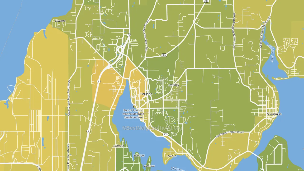 Map of the best neighborhoods in the 98370 area, with better matches in green and worse matches in red