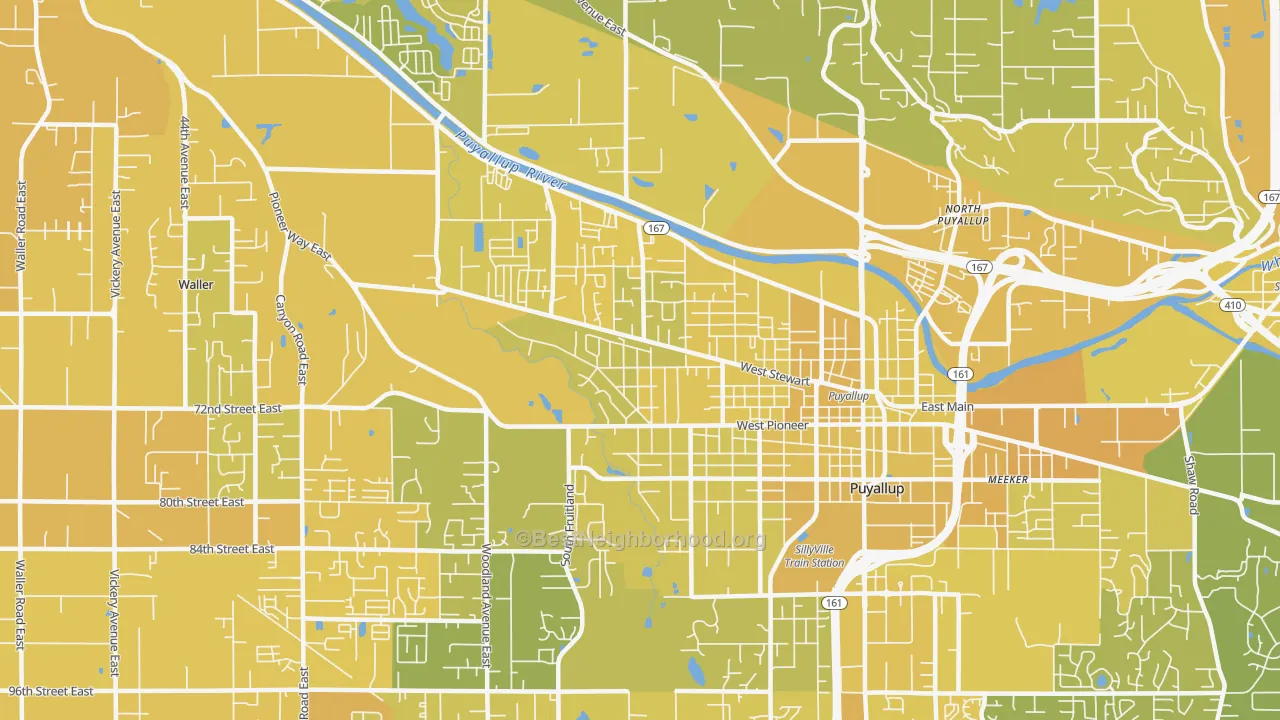 Map of the best neighborhoods in the 98371 area, with better matches in green and worse matches in red