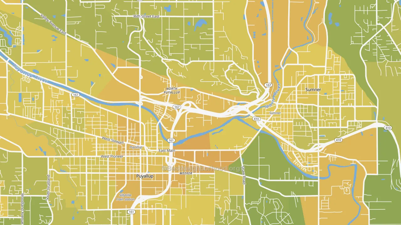 Map of the best neighborhoods in the 98372 area, with better matches in green and worse matches in red