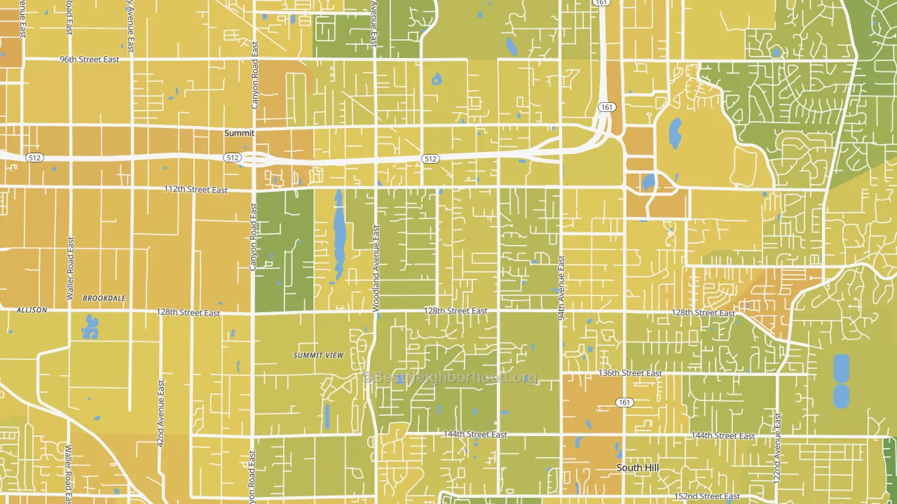 Map of the best neighborhoods in the 98373 area, with better matches in green and worse matches in red