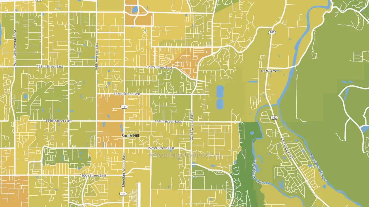Map of the best neighborhoods in the 98374 area, with better matches in green and worse matches in red