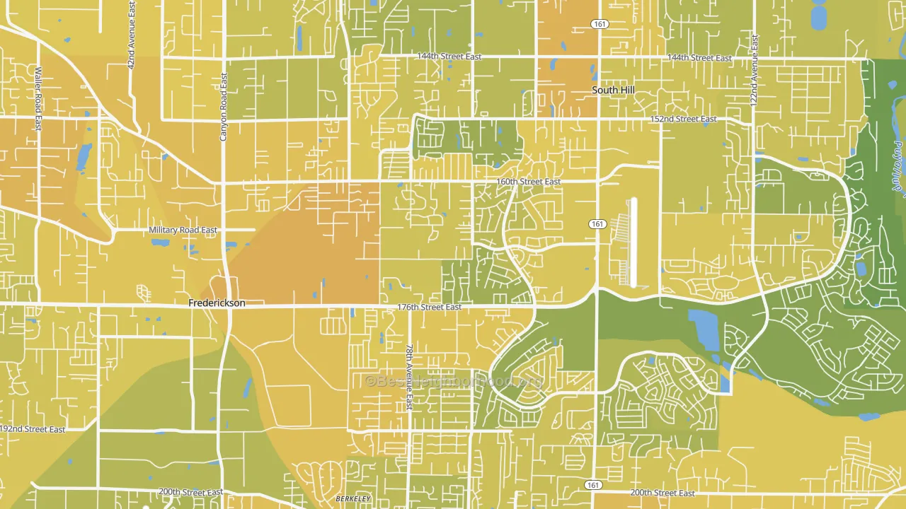 Map of the best neighborhoods in the 98375 area, with better matches in green and worse matches in red