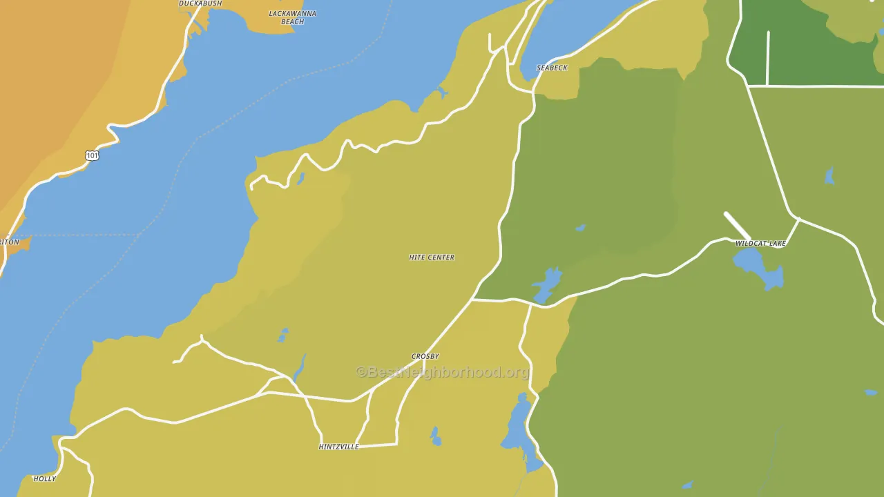 Map of the best neighborhoods in the 98380 area, with better matches in green and worse matches in red