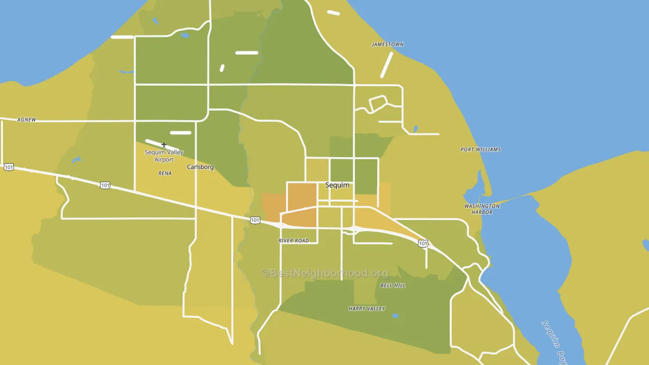 Map of the best neighborhoods in the 98382 area, with better matches in green and worse matches in red