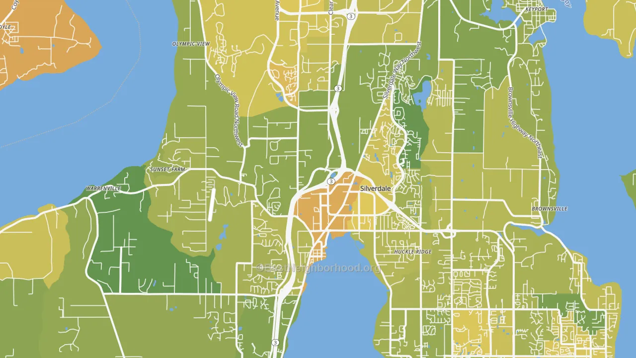 Map of the best neighborhoods in the 98383 area, with better matches in green and worse matches in red