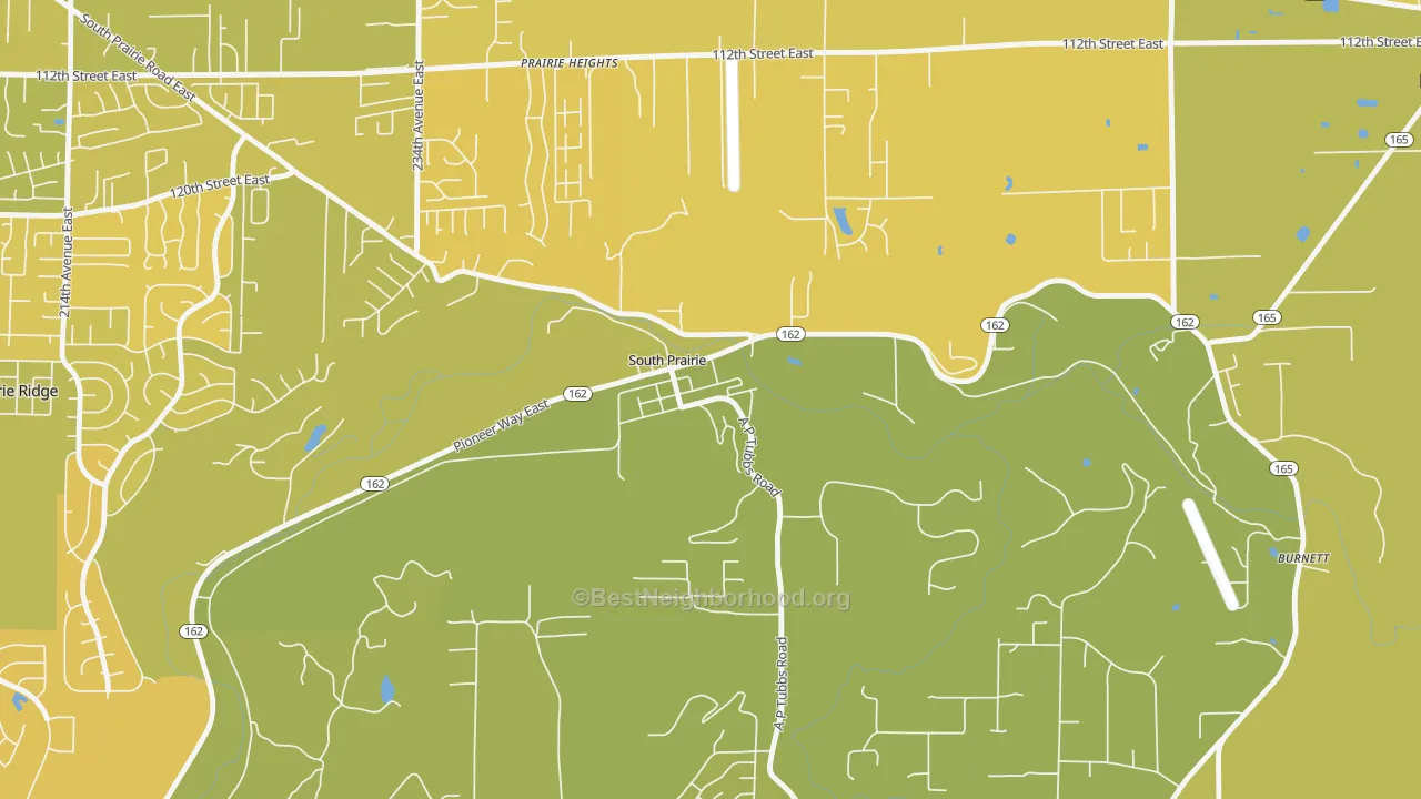 Map of the best neighborhoods in the 98385 area, with better matches in green and worse matches in red
