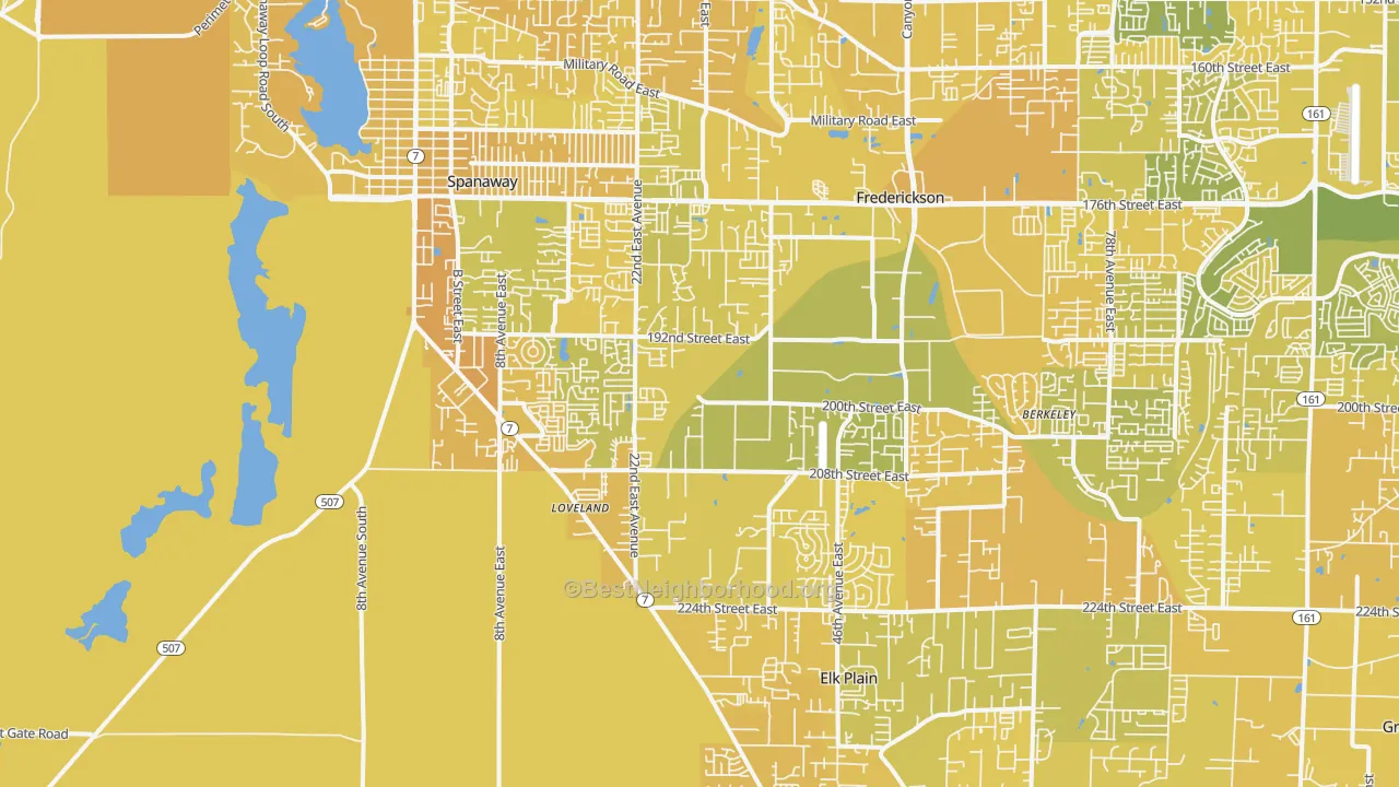 Map of the best neighborhoods in the 98387 area, with better matches in green and worse matches in red