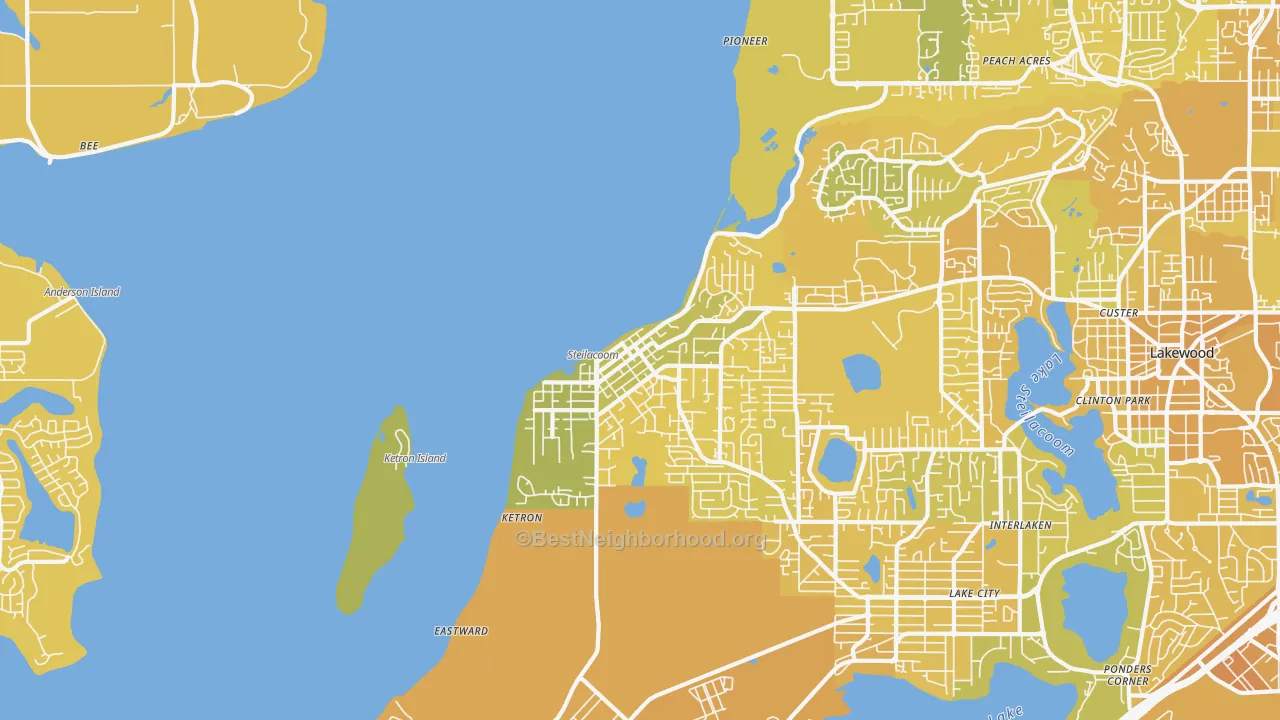 Map of the best neighborhoods in the 98388 area, with better matches in green and worse matches in red