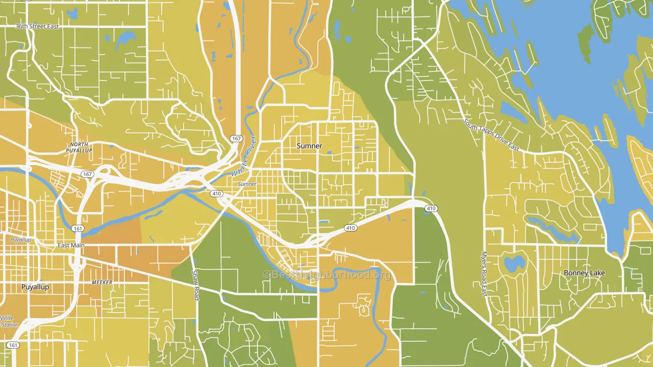 Map of the best neighborhoods in the 98390 area, with better matches in green and worse matches in red