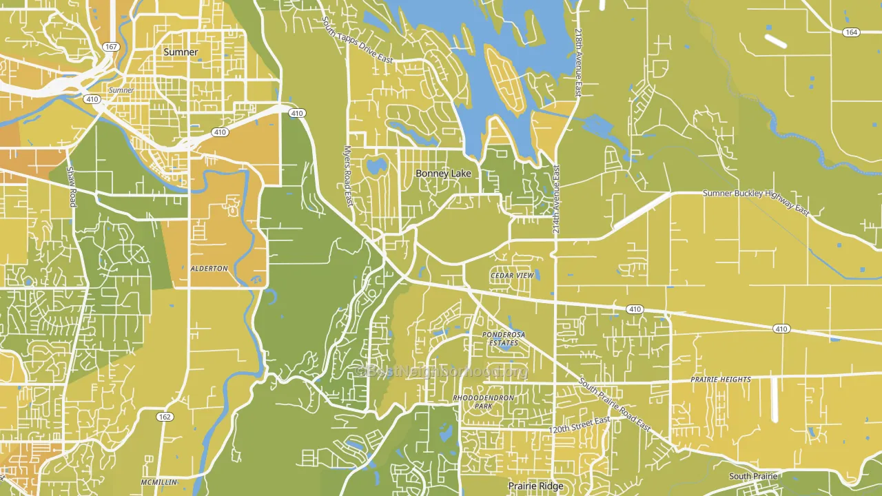 Map of the best neighborhoods in the 98391 area, with better matches in green and worse matches in red