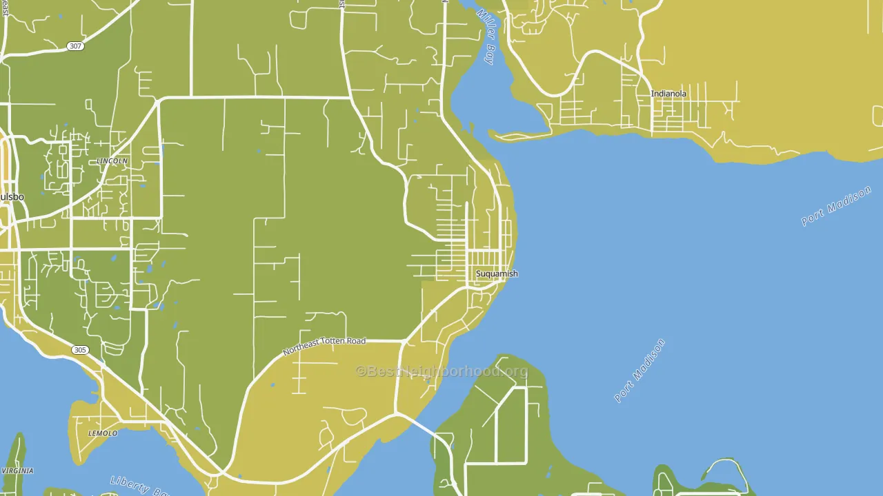 Map of the best neighborhoods in the 98392 area, with better matches in green and worse matches in red