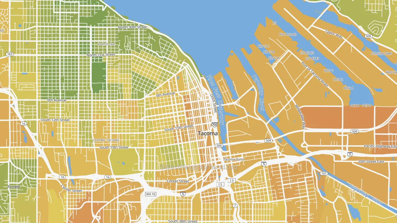 Map of the best neighborhoods in the 98402 area, with better matches in green and worse matches in red
