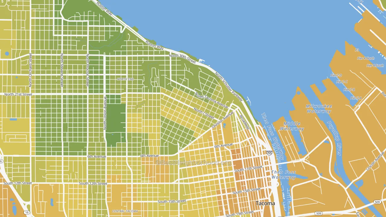 Map of the best neighborhoods in the 98403 area, with better matches in green and worse matches in red