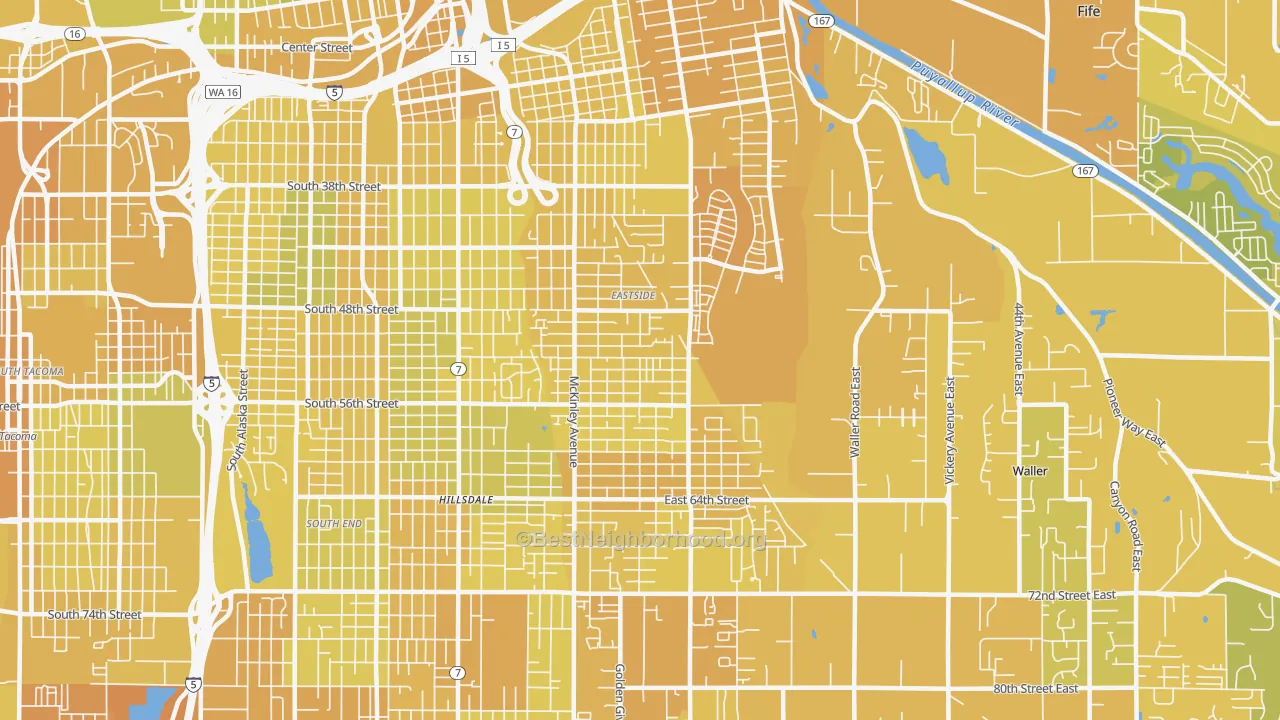 Map of the best neighborhoods in the 98404 area, with better matches in green and worse matches in red