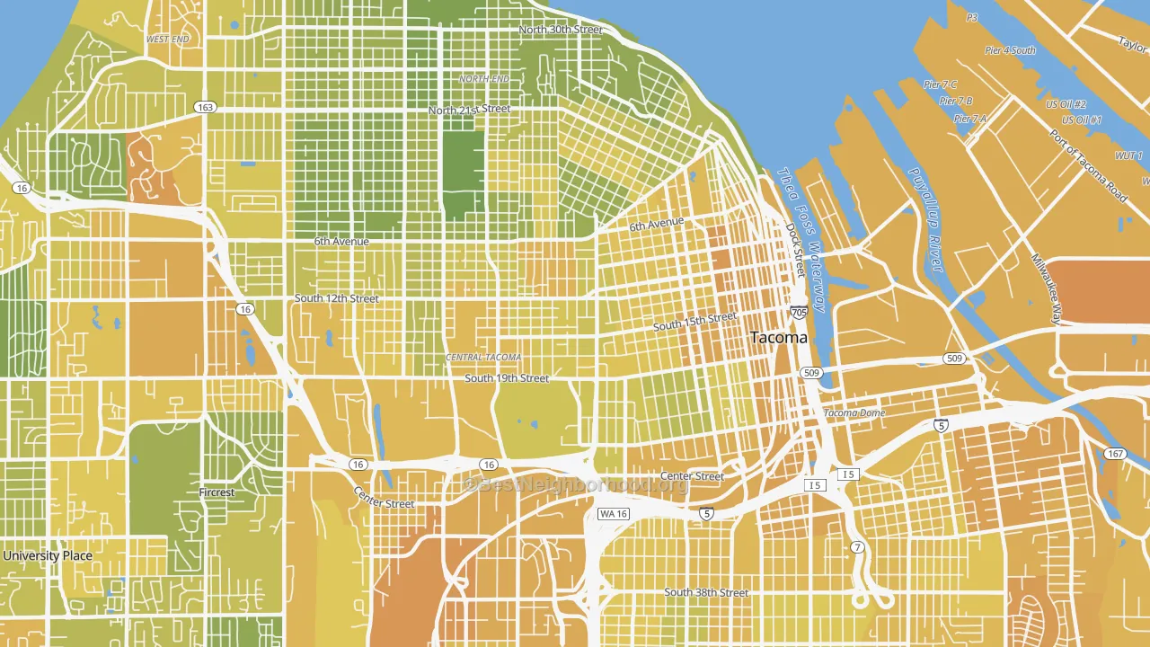 Map of the best neighborhoods in the 98405 area, with better matches in green and worse matches in red