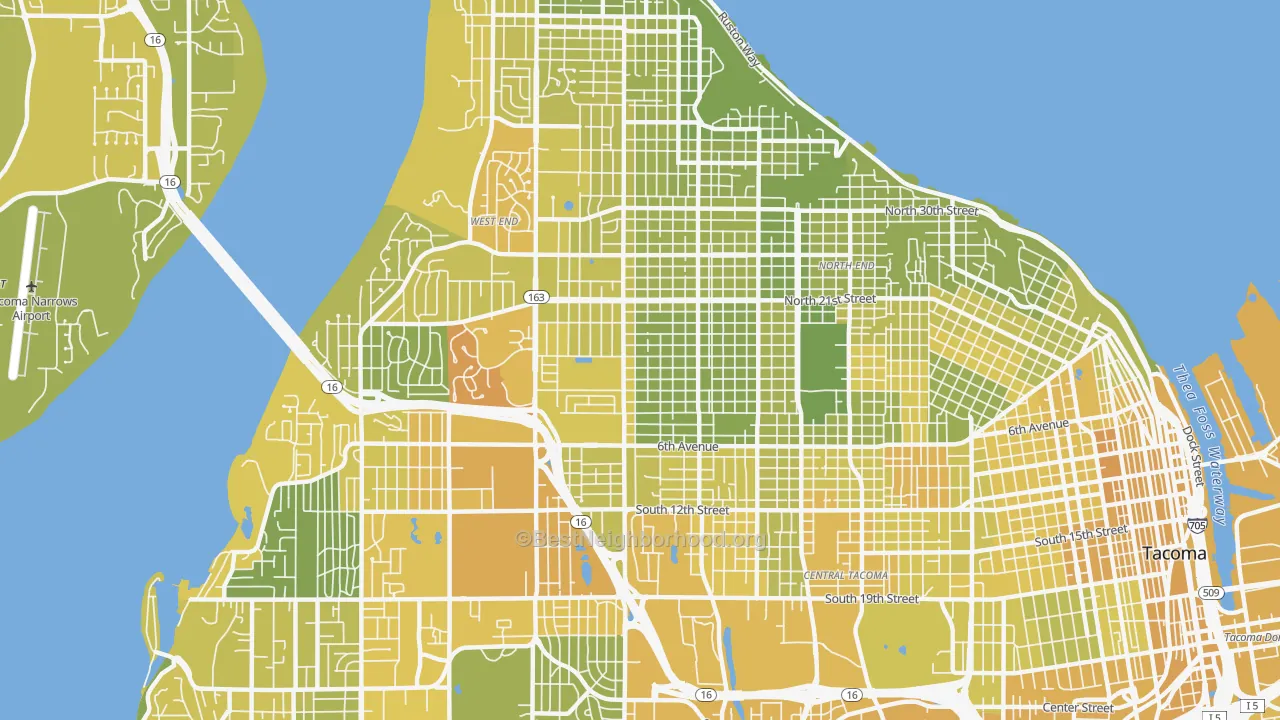 Map of the best neighborhoods in the 98406 area, with better matches in green and worse matches in red