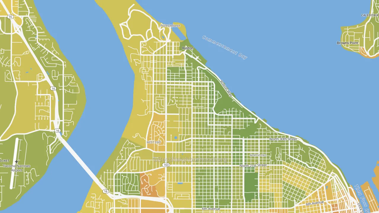 Map of the best neighborhoods in the 98407 area, with better matches in green and worse matches in red
