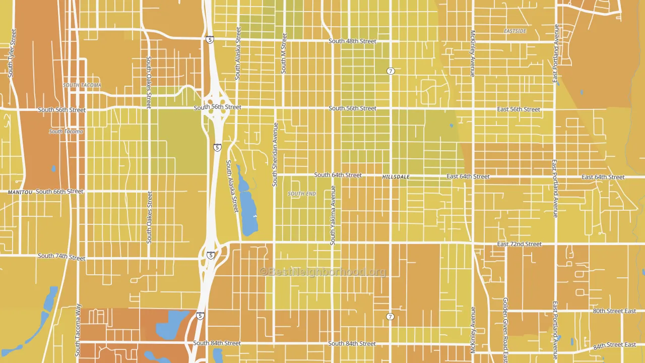 Map of the best neighborhoods in the 98408 area, with better matches in green and worse matches in red