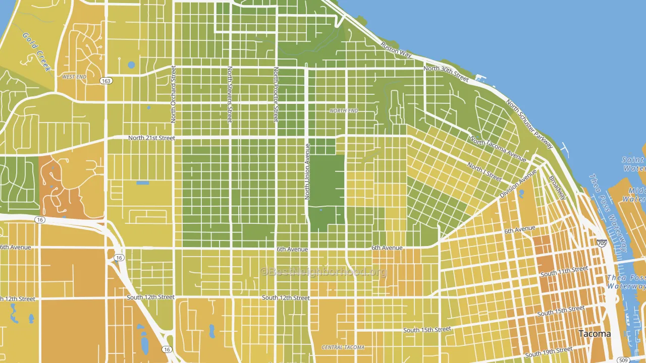 Map of the best neighborhoods in the 98416 area, with better matches in green and worse matches in red