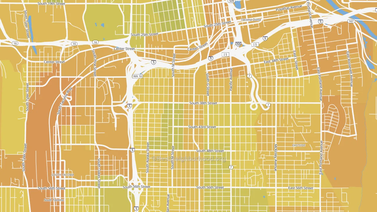 Map of the best neighborhoods in the 98418 area, with better matches in green and worse matches in red